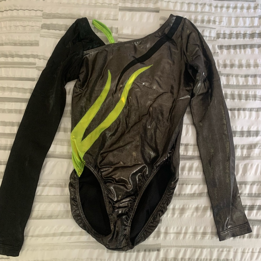 Black, green, and silver long-sleeve GK leotard in size Adult Large (AL)